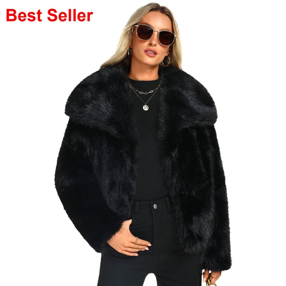 Faux Fur Coat Long Sleeve Lapel Cropped Jacket Shaggy Overcoat